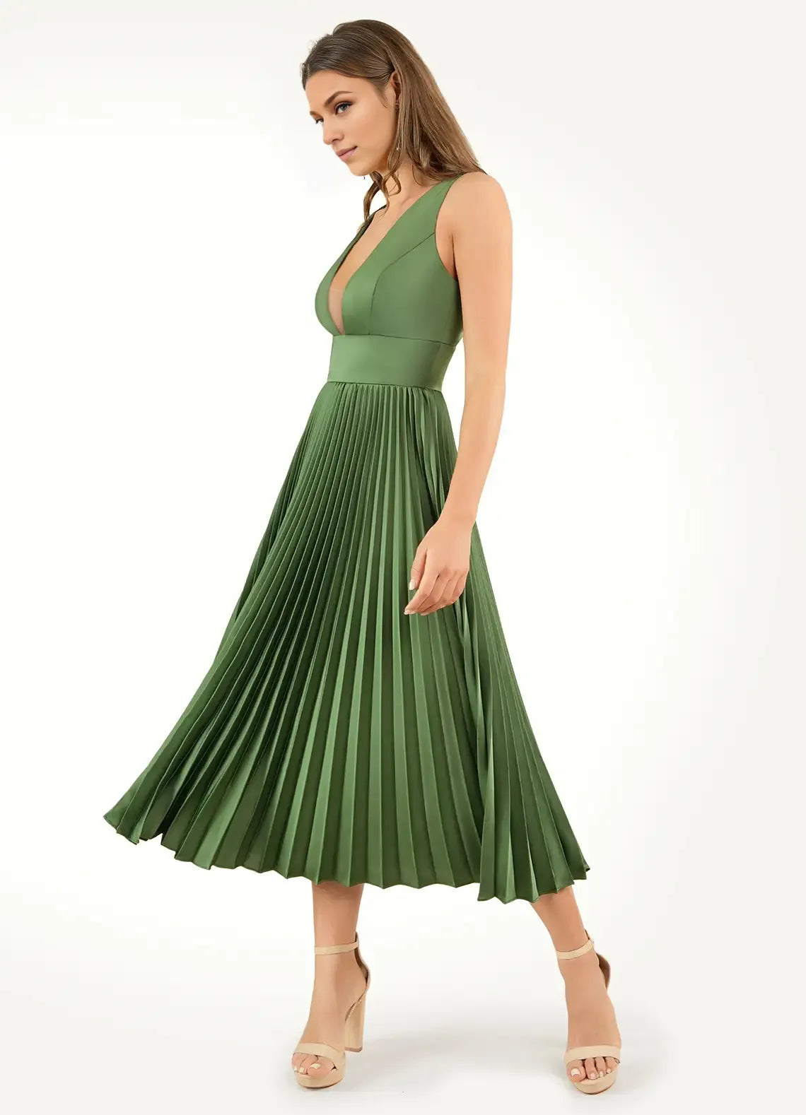 Robe Weitese à col en V profond, robe longue chic olive, sans manches, princesse, longueur thé, plissée, ligne A, robe de bal